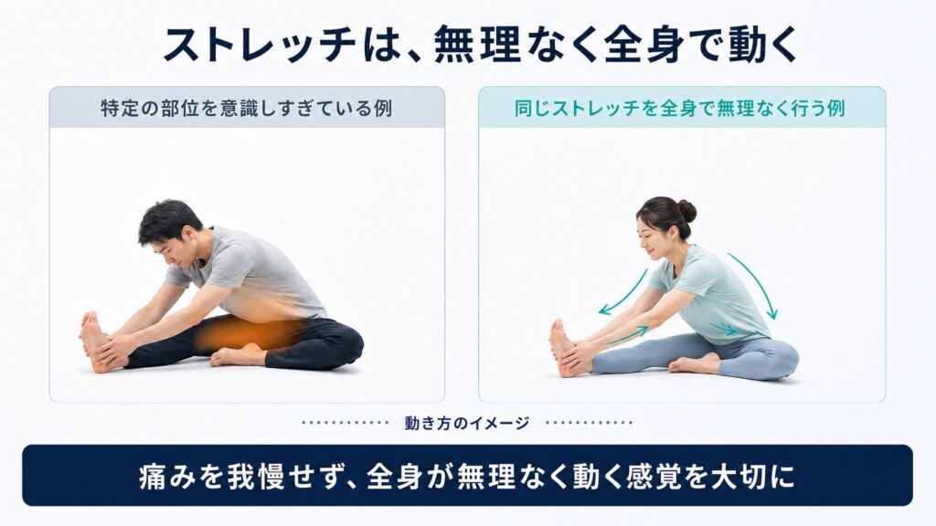 痛みを我慢せず全身で無理なく行うストレッチの例