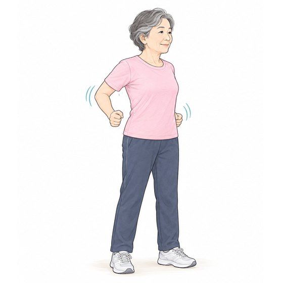 60代の女性が立って、ひじを曲げた両腕を体の後ろへ引く運動をしている
