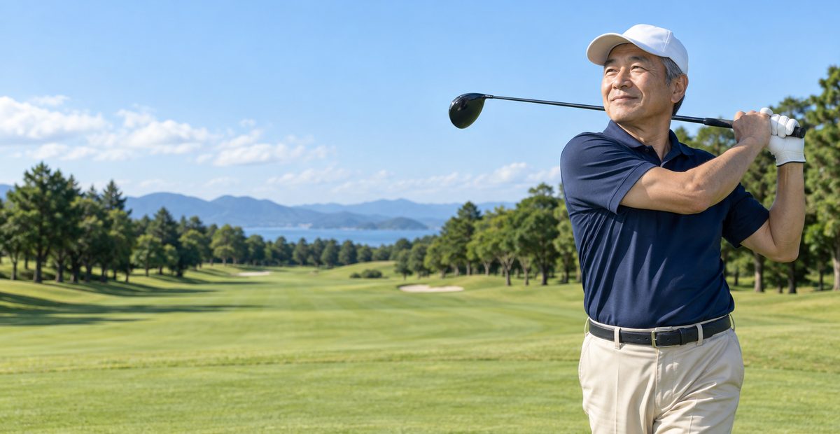 60代のゴルファーが、ショットを打ち終えてボールの行方を笑顔で見送っている