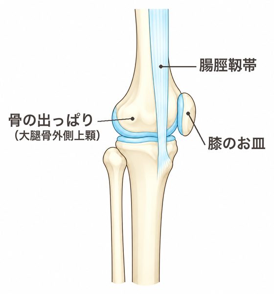 膝を伸ばしたときの膝の外側。腸脛靱帯は骨の出っぱりの前を通る