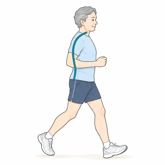 横から見た、走る姿。胸を開き、腰が少し反っている。線で背中のラインを示している