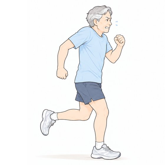 下半身主導タイプの方が、腕を無理に大きく振ろうと力んで走っている。肩が上がっている。膝に印